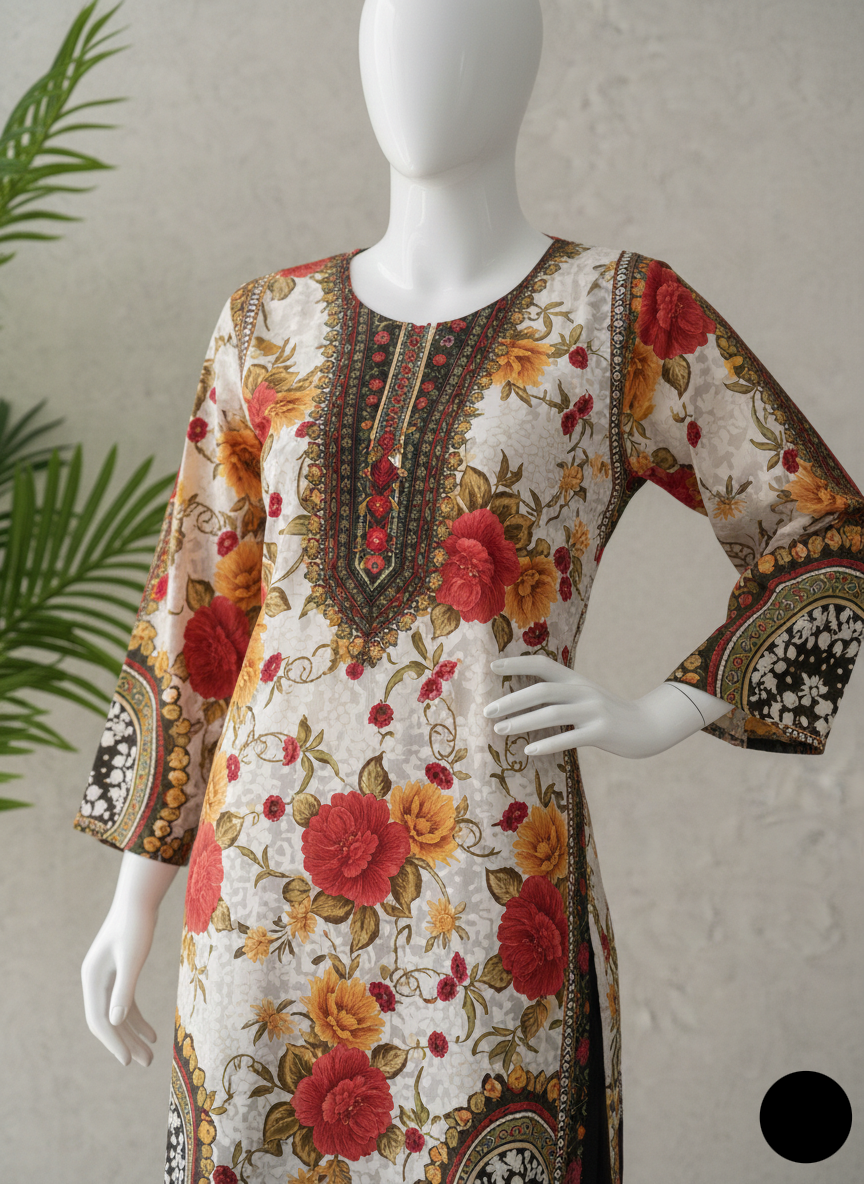 Printed Two-Piece Outfit Featuring a Soft Cream Kurta With Vibrant Floral Artistry.