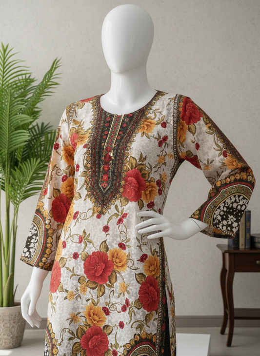Printed Two-Piece Outfit Featuring a Soft Cream Kurta With Vibrant Floral Artistry.