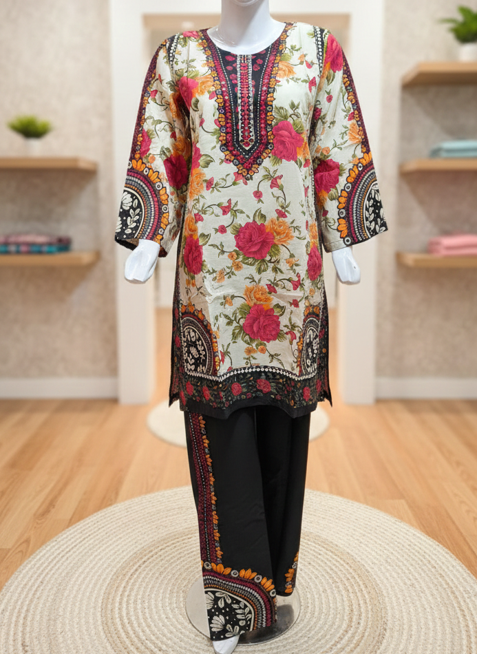 Printed Two-Piece Outfit Featuring a Soft Cream Kurta With Vibrant Floral Artistry.