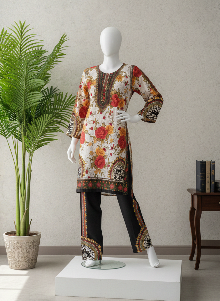Printed Two-Piece Outfit Featuring a Soft Cream Kurta With Vibrant Floral Artistry.