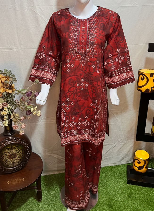 2 PIECE MAROON SUIT WITH MIRROR WORK