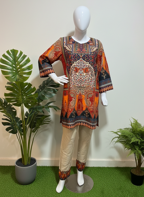 FANCY 2 PIECE PRINTED KURTA WITH MIRROR WORK