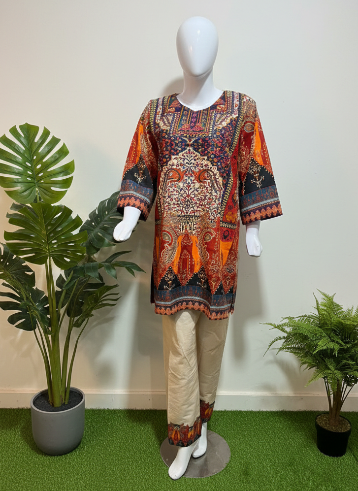 FANCY 2 PIECE PRINTED KURTA WITH MIRROR WORK